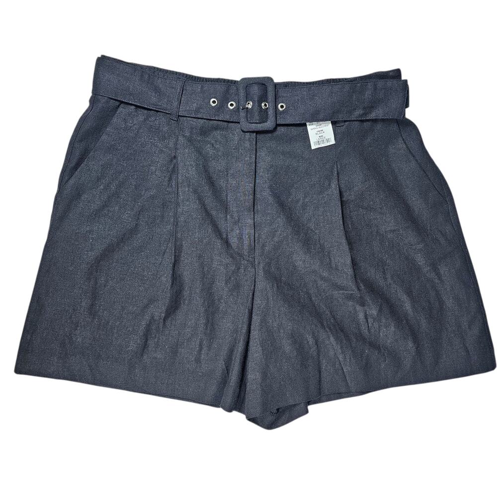 Nine West High-Rise Clean Front Belted Linen Blend Black Shorts Women's L